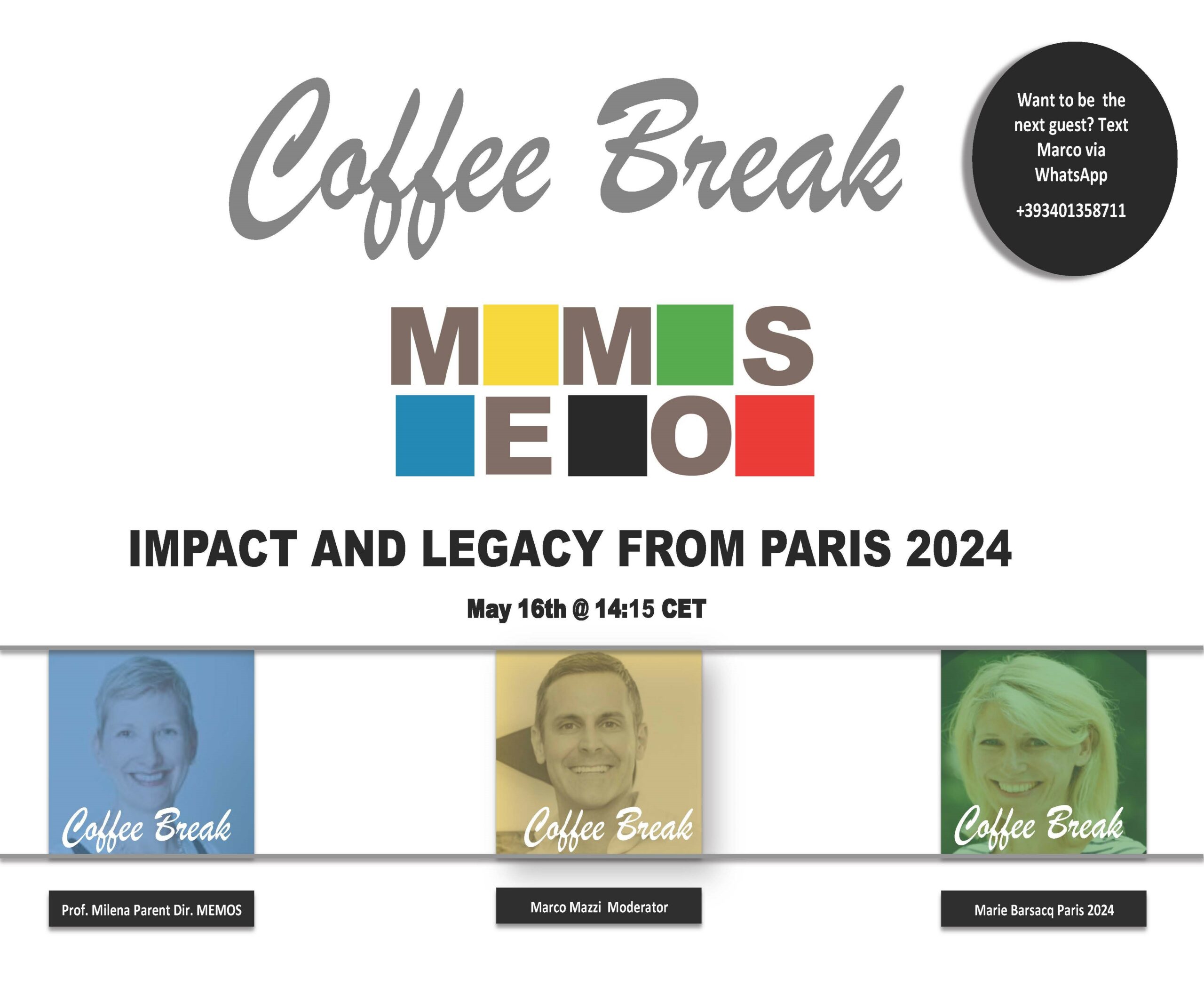 Join us for the upcoming Coffee Break on Thursday, May 16th, featuring a conversation with Director of English Milena Parent, PhD Parent and Director of Impact and Legacy for Paris 2024, Marie Barsacq!